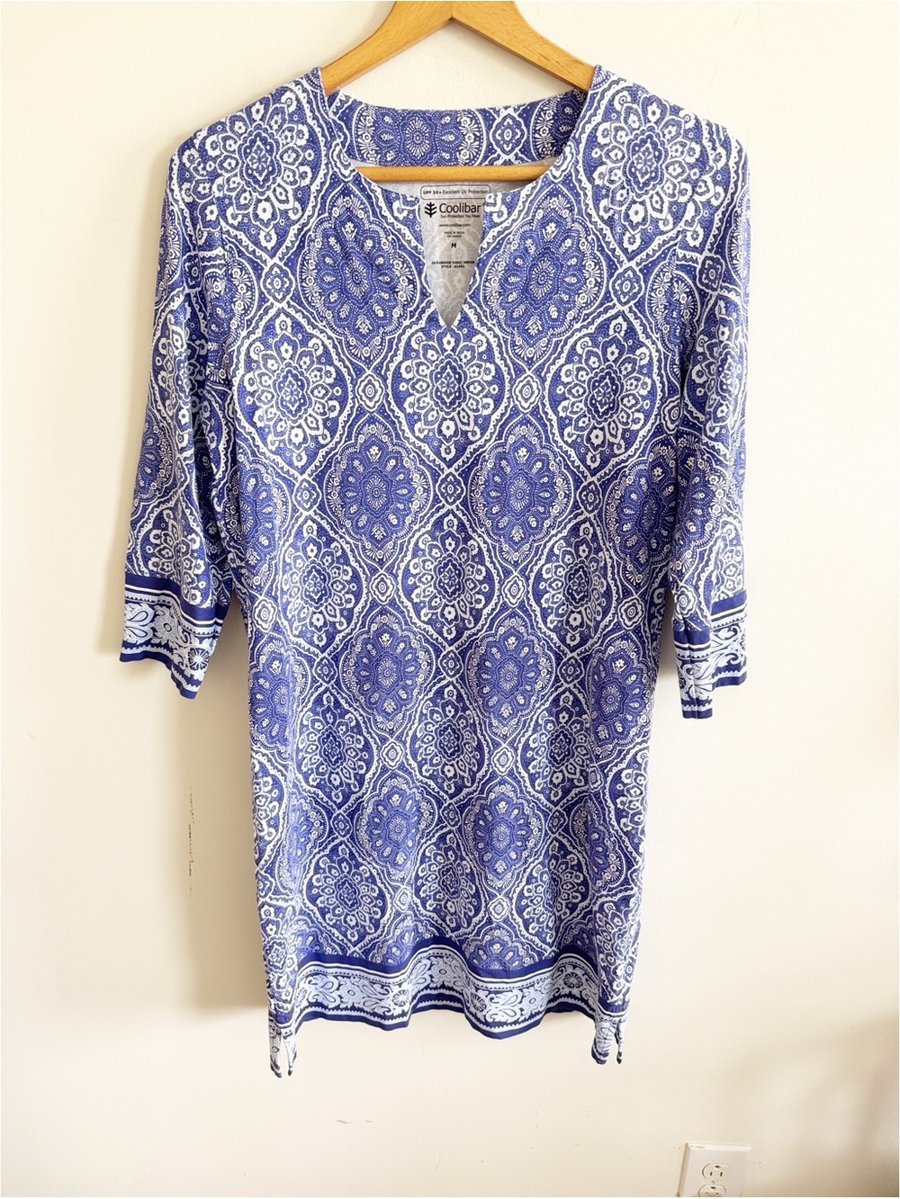 Coolibar UPF 50+ sun protection 3/4 sleeve blue print Oceanside tunic dress sz M